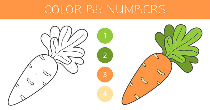 Color by numbers coloring book for kids with a carrot. Coloring page with cute cartoon carrot with an example for coloring. Monochrome and color versions.