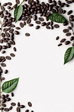 Coffee themed template. Coffee beans and leaves bordering a white background. Ideal for postcards, events, invitations, menu design. 