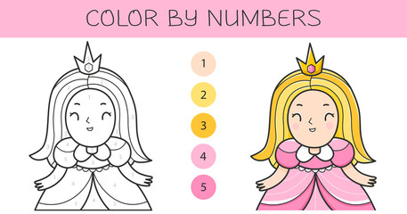 Color by numbers coloring book for kids with a princess. Coloring page with cute cartoon princess with an example for coloring. Monochrome and color versions. © Ekaterina Chemakina