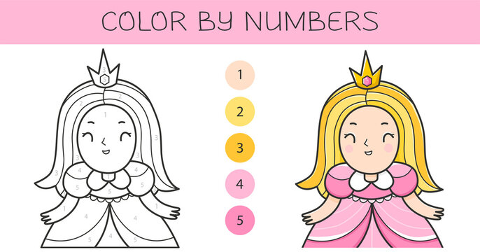 Color by numbers coloring book for kids with a princess. Coloring page with cute cartoon princess with an example for coloring. Monochrome and color versions.