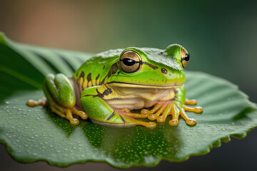 a green frog sitting on top of a leaf, macro, generative ai illustration 