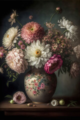 a vase filled with lots of white and pink flowers, generative ai illustration 