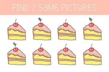 Find two some pictures is an educational game for kids with cake. Cute cartoon cake.
