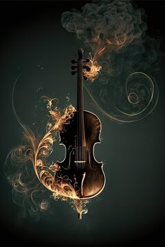 Creative musical illustration. Vector design of an abstract violin with elegant energy swirls on a dark background.