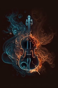 Creative musical illustration. Vector design of an abstract violin with elegant energy swirls on a dark background.