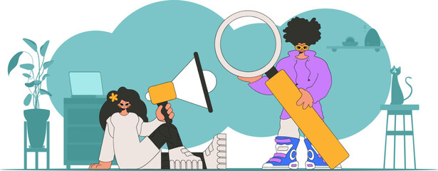 Vector illustration of HR specialist team. A young girl sits in a chair and holds a megaphone in her hand.