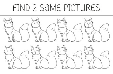 Find two some pictures is an educational game for kids with fox. Cute fox coloring book.