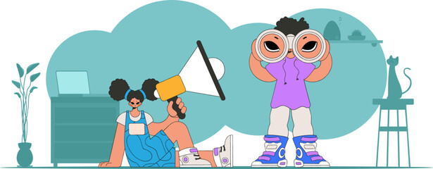 Vector illustration of HR specialist team. Attractive woman sits in a chair and holds a megaphone in her hand.