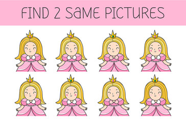 Find two some pictures is an educational game for kids with princess. Cute cartoon princess.