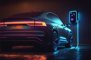 Fototapeta na wymiar An electric car plugged into a charger .Generative AI. 1