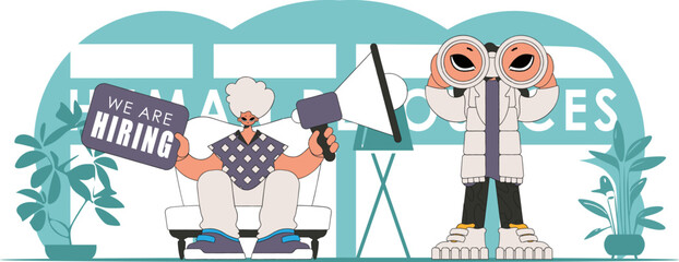 Vector illustration of HR specialist team. Stylish girl sits in a chair and holds a megaphone.
