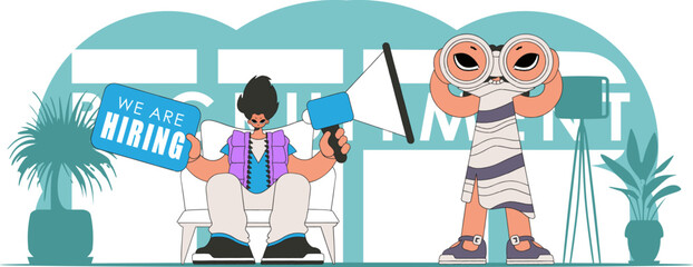 Vector illustration of HR specialist team. Stylish girl sits in a chair and holds a megaphone in her hand.