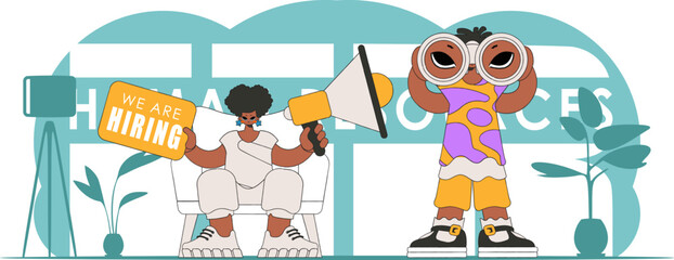 Stylized vector illustration of HR representative team. A young woman sits in a chair and holds a megaphone.