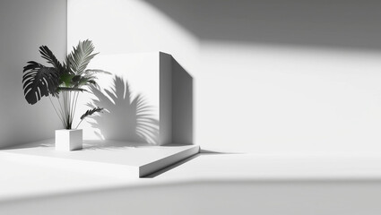 3D base podium, white background, with a palm tree on the side, studio interior, photography, illustration, 02