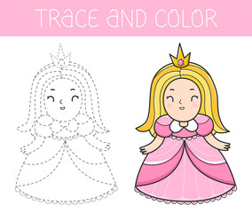 Trace and colour coloring book with princess for kids. Coloring page with cartoon princess.