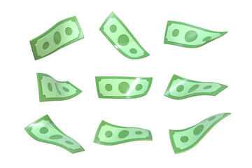 Falling green paper bills. 3D cartoon realistic money. Business and finance success. Big win or jackpot banner.Realistic money set. Collection of 3D green dollars isolated on white background.