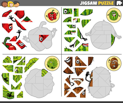 jigsaw puzzle task with cartoon fruits and vegetables