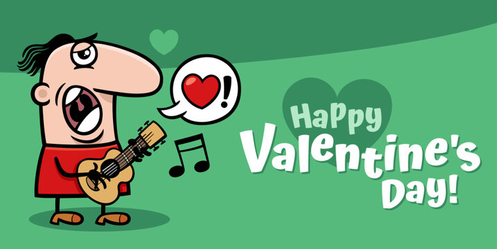 Valentines Day design with cartoon guy playing the guitar