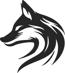 High contrast black and white fox head logo vector illustration.