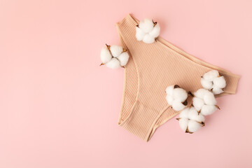 Cotton flowers and underwear on a pink background.