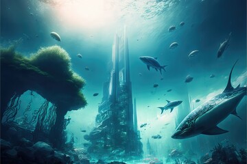 underwater city with sharks