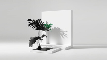 3D base podium, white background, with a palm tree on the side, studio interior, photography, illustration, 04