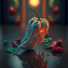 3D Ghost Pepper on a table, Intricate details, Vegetables, Pepper, 3D art, Kitchen ingredient.