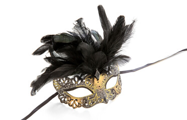 Carnival Venetian mask with black feather decoration isolated on white