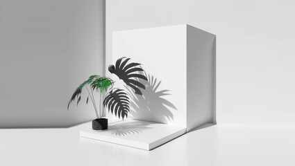 3D base podium, white background, with a palm tree on the side, studio interior, photography, illustration, 06
