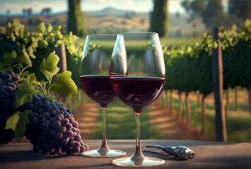 Plakat glasses of red wine in a vineyard, generative AI