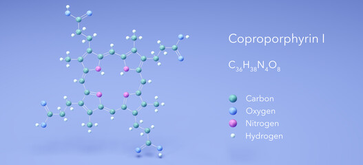 coproporphyrin i molecule, molecular structures, c36h38n4o8 3d model, Structural Chemical Formula and Atoms with Color Coding