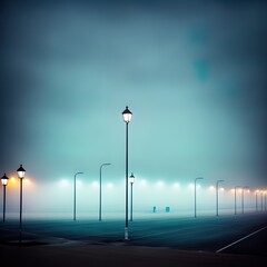 A foggy street, lit up by streetlights.