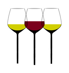 Wine glasses are seen in a modern stylish graphic illustration. Red wine is in one of the glasses.