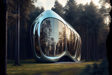 Fototapeta premium A futuristic silver glass building with smooth organic curved contours emerging from its forest surroundings - Generative AI illustrations
