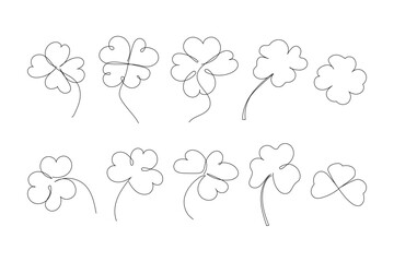 Set of beauty clovers drawn by one line. Floral sketch. Continuous line drawing. Minimalist art for patrick day. Vector illustration.