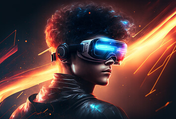 Fototapeta na wymiar Young Man Wearing Virtual Reality Glasses, Neon Lights Metaverse Background, High-tech Futuristic, Generative AI