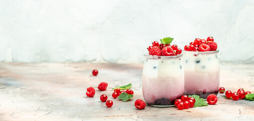 Obraz na płótnie Canvas berries Yogurt. Healthy layered dessert with yogurt, jam, red currant and raspberries. Natural detox. vertical image. Long banner format