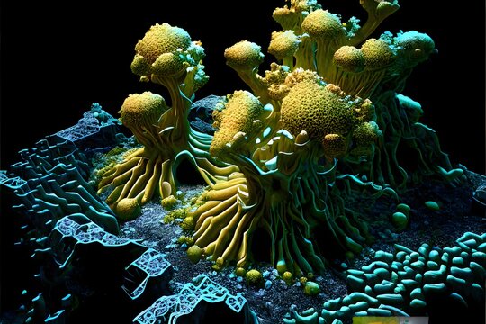 Fantanstic Deep Sea Floor Alien Planet Coral Reef, Underwater Volcanic Vent Ecosystems , Exotic Deep Sea Creatures , Growth Patterns Of Digital Circuits , Motherboards , Computer Chips , Lasers , Nigh