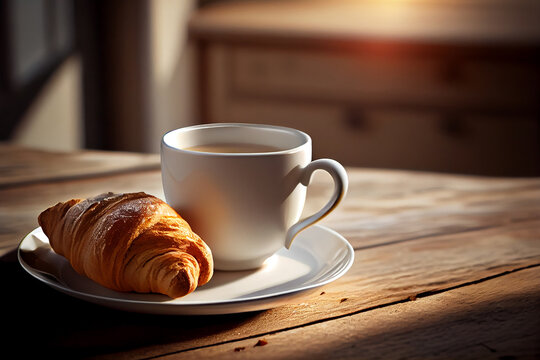 delicious espresso coffee white cup and croissant. Illustration Generative AI