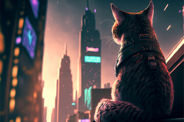 Fototapeta na wymiar cat on the roof of a neon citypunk city, ai generative art