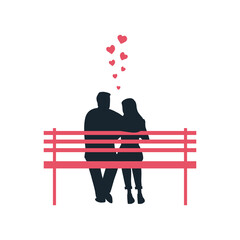 Valentine's day illustration. Black silhouettes of young man and young woman with red hearts. Young couple is sitting on a park bench. The man hugs the woman. Back view. Vector illustration