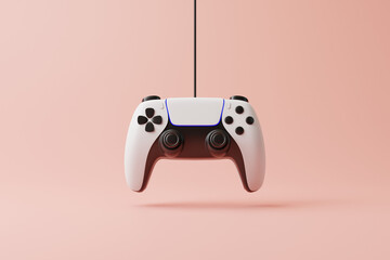 Flying gamepad on a pink background with copy space. Joystick for video game. Game controller. Creative Minimal Gaming concept. Front view. 3D rendering illustration © Andrii