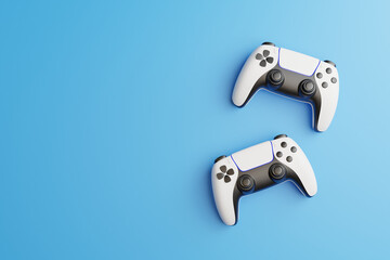 Gamepad on a blue background with copy space. Joystick for video game. Game controller. Creative Minimal Gaming concept. Top view. 3D rendering illustration © Andrii