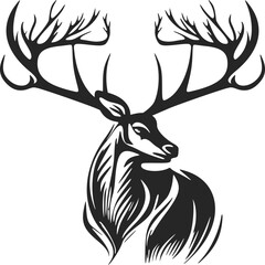 High contrast black and white vector logo illustration depicting a deer with antlers.