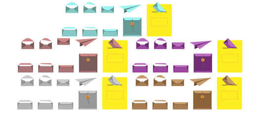 Set of envelopes and letters, mail in flat style.  From different angles, open sheet, closed sheet, paper airplane.  Mailbox.  Send a letter or receive a letter.  Vector illustration