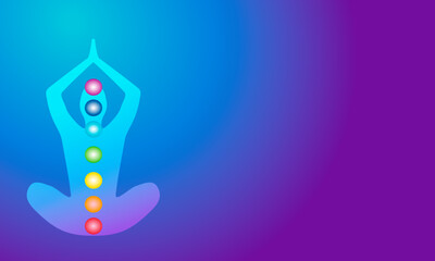 Human silhouette in yoga pose with chakras. Yoga illustration. Colorful 7 chakras .Vector background. 