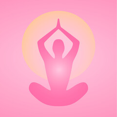 Human silhouette in yoga pose  and aura glow . Yoga illustration. Vector background in pink colors. 