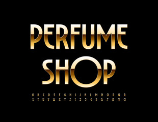 Vector artistic Emblem Perfume Shop. Elite Golden Font. Artistic Alphabet Letters and Numbers set
