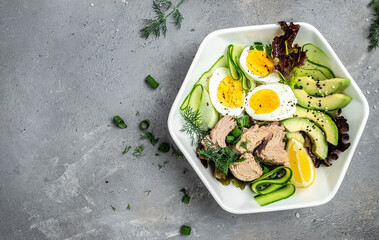 Ketogenic low carbs diet, Plate with keto foods: two eggs, avocado, tuna, cucumber and fresh salad. Healthy fats, clean eating for weight loss. top view