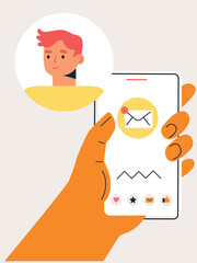 Smartphone with male and female profiles. Friends chatting. New generation. The concept of social networks, virtual relationships. Friends chatting and texting. Vector illustration.